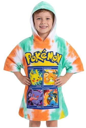 Pokémon Poncho Serviette de Plage Enfant et Ado Peignoir de Bain Enfant à Capuche Pikachu Serviette de Bain Piscine Douche Été (Multi Tie Dye, 6-9 Ans)
