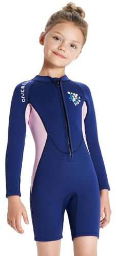LCIGIA Kinder Jungen Mädchen Neoprenanzüge 2.5MM Neopren Tauchanzüge Lange Ärmel Neoprenshorty Wetsuit, Blau(Neopren Shorty), 122-128/L