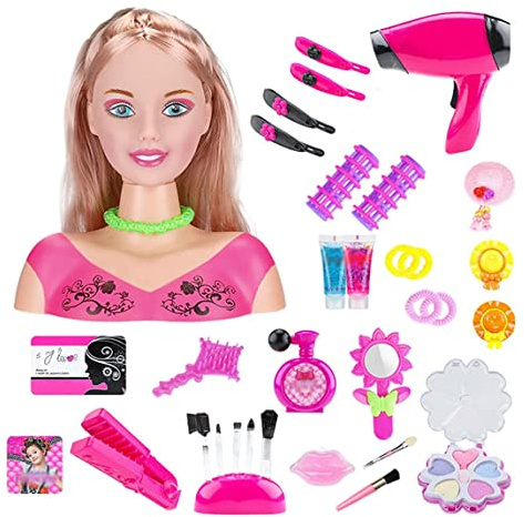 Kit de Peluquería para Niños y Niñas - Muñeca con Cabello Peinado, Juegos de Maquillaje y Accesorios de Peluquería Rosa