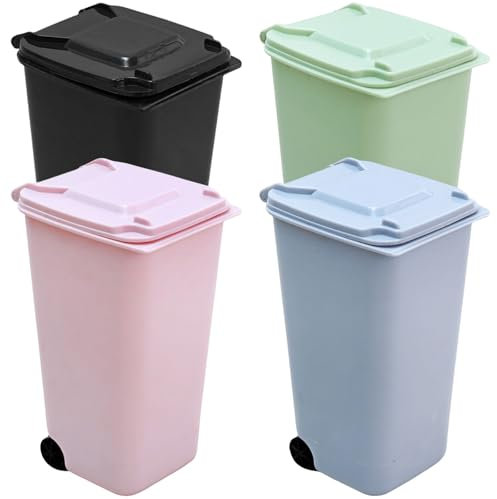 Lot de 4 poubelles de table avec couvercle 1,2 l, en plastique, avec couvercle basculant et roues, mini poubelles pour bureau, coiffeuse, chambre à coucher