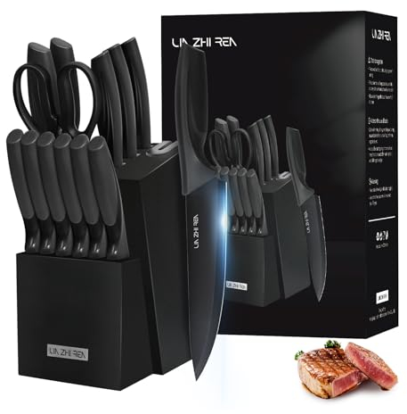 LIN ZHI REN Knife Set with Block, 15-Piece Kitchen Knife Set, Built-in Sharpener, Kitchen Knives for Chopping, Slicing, Dicing, Dishwasher-Safe, Black