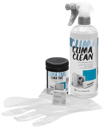 ErrecHome Kit pulizia climatizzatori, include Clima Clean 1L detergente pulizia unità interna e filtri e Clima Tabs 40 pastiglie per la pulizia dello scarico condensa. Guanti inclusi.