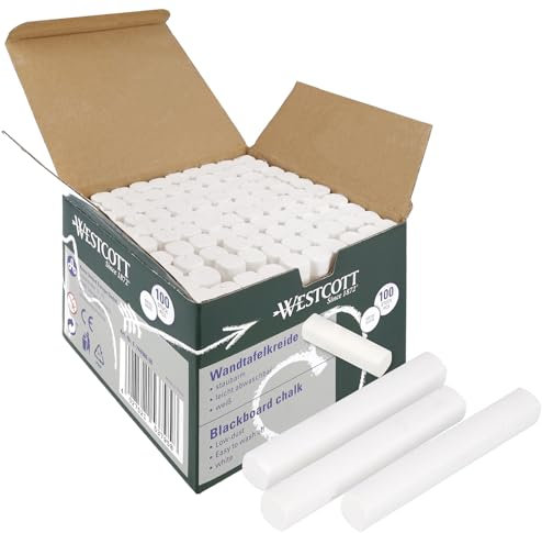 Westcott Gesso 100 pezzi bianco | Confezione risparmio Gesso per lavagna con 1,2 cm ⌀ in bianco coprente | poco polveroso e facilmente cancellabile | gessetti lunghi 8,5 cm | E-744986 00