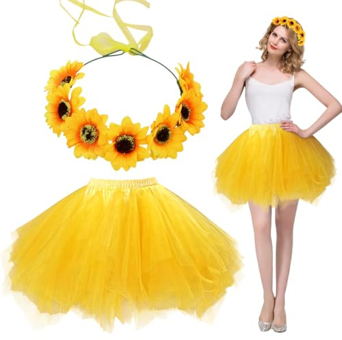 TUONYIS Gonna in Tulle Giallo 2 Pezzi, con Cerchietto Girasole, Gonne da Donna Tutu Gonna Tulle Donna Gonna da Ballerina in Tulle per Carnevale Halloween Fancy Dress Natale Cosplay Costume(Giallo)