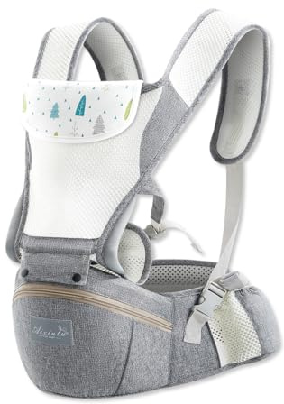 SONARIN Transpirable Ajustable Mochila Portabebés con Asiento de Cadera,Ergonómico Porta Bebé Portador de Bebé con Función de Almacenaje,Multiposición para Bebés de hasta 25 kg(Gris Claro)
