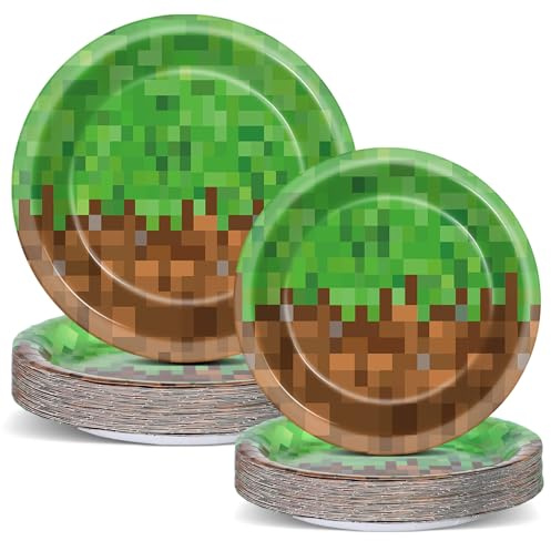 Pixel Party Plates Decorations Set Pixel Theme Disposable Tableware Set Video Game Party Paper Plates and Video Game Tableware Gamer Party Supplies for kids Boys Gamer Birthday Supplies for 25 Guests