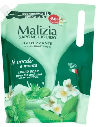 Malizia sapone liquido igienizzante con antibatterico te verde e menta ecoricarica 1000 ml