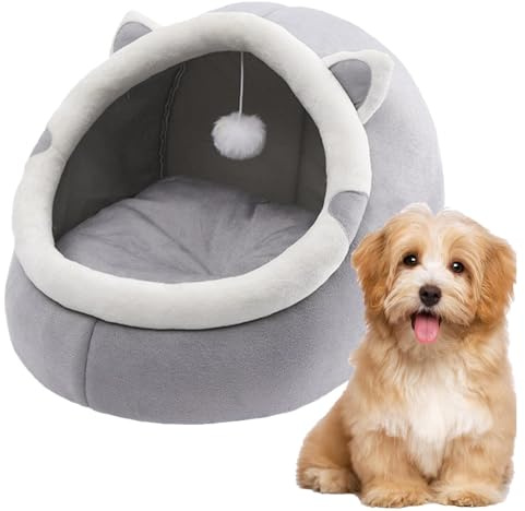 Raypontia Lit Nid pour Chat avec Jouet Suspendu, 30×30×31cm Semi-fermé Niche Douillette avec Oreille De Chats Coussin De Nid Amovible, Lit Grotte pour Petit Chien, Grotte De Chat Lavable