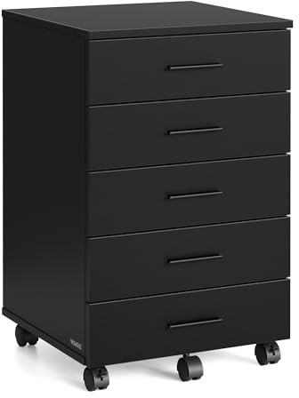VASAGLE Rollcontainer, mobiler Aktenschrank, Schubladenschrank, Druckerständer mit 5 Schubladen, mit schraubenlosen Gleitschienen, für Büro, Homeoffice, tintenschwarz OFC081BC02