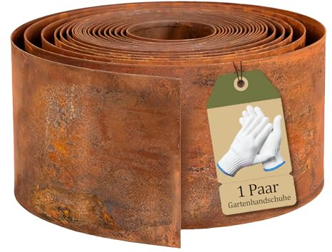 Omtofo Bordura per Aiuola in Acciaio Corten 10 M, Bordura Corten per Giardino, Altezza 15 cm, Recinzione per Aiuole con Aspetto Ruggine per Aiuole, Allee, Alberi e Ghiaie, 1 Paio di Guanti Inclusi
