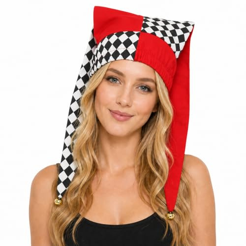 Cappello da giullare arlecchino con code lunghe e campane, costume da clown a scacchi bianchi e neri, unisex, taglia unica per Halloween, cosplay, circo gotico