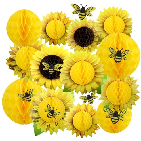12 Pezzi Girasole Fiori Carta Crespa da Appendere Pompom et 12 Adesivi a Forma di ape Fiori di Carta per Compleanno Matrimoni Baby Shower Feste in Fiardino