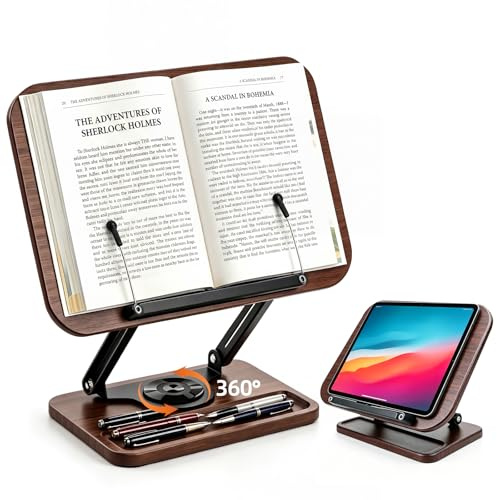 Atril para libros plegable y giratorio 360° – Soporte ergonómico de madera para lectura, libros de cocina y tabletas – Lectura manos libres, ajustable y ergonómico para cocina y oficina en casa