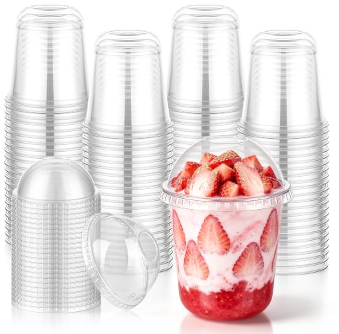 KesaPlan 50er-Set 350 ml Dessertgläser mit Deckel, runde Plastikbecher mit Deckel für Smoothies, Slushies, Vorspeisen, Eiscreme und Snacks