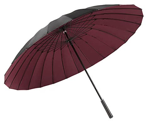 ThreeH Stick Umbrella 190T 24 Ribs Double Layer Long Leather Handle Straight Anti-UV Sun/Rain Walk Windproof Umbrella,Red
