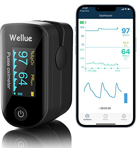 Pulsoximeter, Überwachung des Sauerstoffs, SP-02 und Herzfrequenzmesser, Bluetooth Monitor für Fingerspitzen mit App, tragbar und leicht mit Batterien, Schwarz
