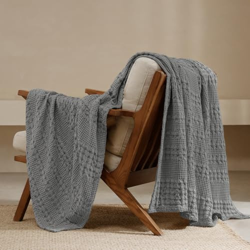 PHF 100% bomull våffelväv filt - lyxig dekorativ mjuk andningsbar hudvänlig filt för alla årstider - perfekt texturerad filt för bäddsoffa 127 cm x 152 cm – mörkgrå