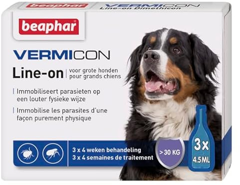 BEAPHAR - VERMICON Line-on Grote Hond - Immobiliseert Vlooien en Teken OP Een Louter Fysieke Wijze - OP Basis Van Dimethicon - Preventieve Werking Van Maximum 4 Weken - 3 Pipetten Van 4,5ml