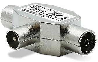 Metronic 336201 - Distribuidor de TV, divisor coaxial en T, DVB-T2, divisor antena TV, blindado, metálico 1 entrada macho - 2 salidas hembra
