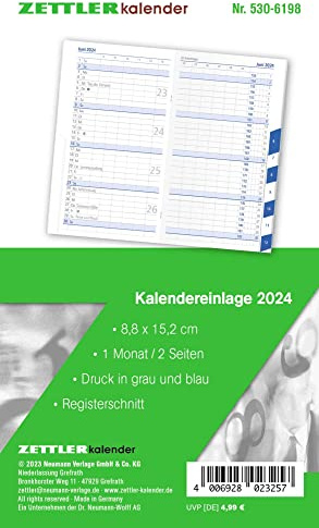 Recambio de calendario 2024 – para el planificador de bolsillo tipo 530 – 8,8 x 15,2 cm – 1 mes en 2 páginas – Sección de registros – Cuaderno de direcciones separado – Cuaderno de notas – 530-6198
