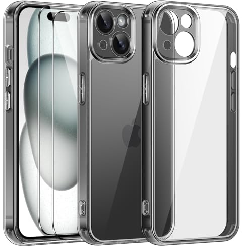 ivoler Clear Case compatible with phone 15 6.1 [Long Lasting Clarity] [Military Grade Drop Protection], 1 Phone Case + 2 Glass Screen Protector, Shockproof Protective Hard Back Slim Cover - Black