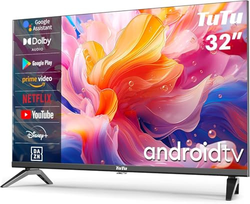 TuTu Smart TV 32 Pulgadas HD Led WiFi Bluetooth Android Televisores con Google Assistant, Google Play Store, Netflix, Prime Video, Disney+, Triple Tuner, Chromecast