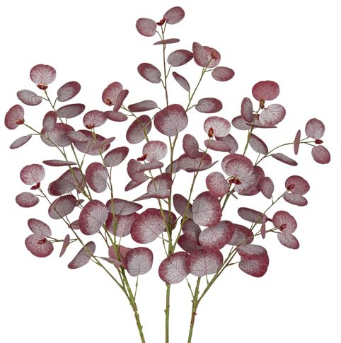 3er Set Künstliche Eukalyptus Zweige 81CM Kunsteukalyptus Lange Dekozweige Kunstpflanze Wie Echt für Blumengesteck Home Dekoration, Magenta Rote Blätter
