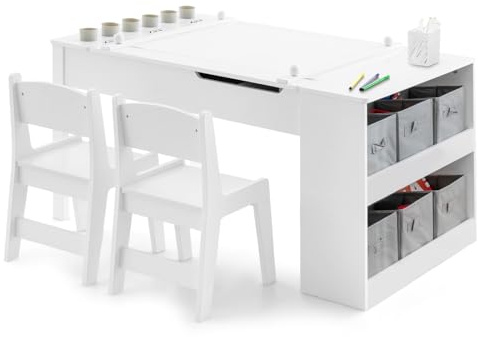 COSTWAY Kids Art Table and Chair Set(White,6 Cups:109x60x53cm) | Wooden Toddler Activity Table with 2-Tier Open Shelf, Storage Bins, Paper Roll, Children Furniture for Drawing