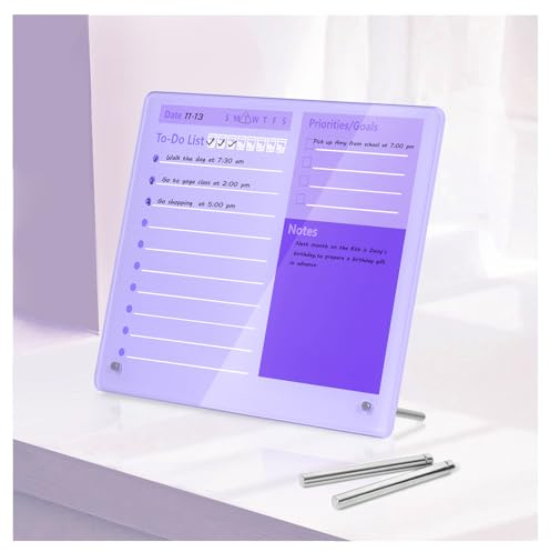 Schreibtisch-Trockenabwischtafel aus dickem Acryl zur Planung, 30 x 25 cm, mit Ständer, rahmenlos, lila, für Büro, Zuhause und Schule