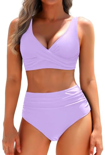 Yonique Women's Two Piece High Waisted Bikini Set Tummy Control Swimsuit Full Coverage Bathing Suit Light Purple M