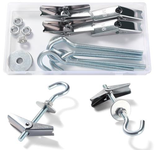 Lyeteung 4 Set M6 Fixations Crochets à Bascule à Ressort, Boulon Ailes Crochet, Crochets de Plafond en Plaques de Plâtre, avec Écrous Hexagonaux, Rondelles, pour Plafond Plantes Mur Maison