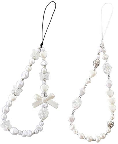 XYTAHDM 2 piezas de perlas blancas para teléfono móvil, colgante para teléfono móvil, cadena para teléfono móvil con cuentas blancas largas, para colgar en la mayoría de Smartphones