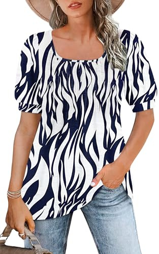 WNEEDU Ladies Tops Square Neck T Shirts for Women UK Leaf Navy White S