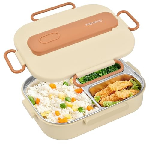 Boite Repas Étanche 1500ml, Bento Lunch Box avec 3 Compartiments et Couverts, Boîte à Déjeuner en Acier Inoxydable, Boite à Lunch Hermétiques pour Enfant Adulte, Micro-ondable pour L'école, Bureau (A)