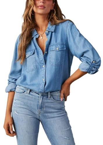 Feclmiyt Women Retro Button Down Denim Shirts Chambray Turn Down Collar Long Sleeve Jean Blouses Loose Casual Blouse Top