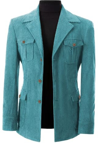 Giacca da uomo in velluto a coste a righe giacca monopetto retrò primavera autunno sport cappotto per ballo di fine anno matrimonio, Turchese scuro., L