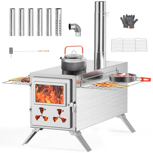 Hot Tent Stove, Camping Wood Stove for Tent, Portable Stainless Steel Wood Burning Stove with 7 Chimney Pipes for Wall Tent Camping, Cooking, Ice Fishing, Hunting, Boiling Water - Large