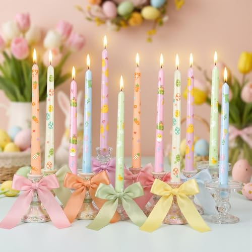 Nuanchu 12 Pcs Easter Taper Candles Pastel Easter Bunny Rabbit Decorative Candles 10 Inch Egg Carrot Scented Smokeless Candlesticks for Birthday Party Holiday Dinner Home Gift Decor
