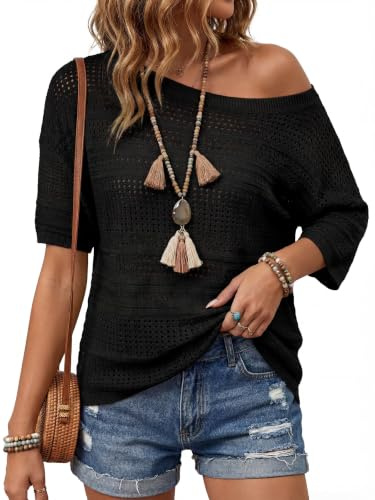 Arach&Cloz Women's Jumpers Linen Crochet Short Sleeve Tops Summer Pullover Hollow Out Casual Vacation Outfits