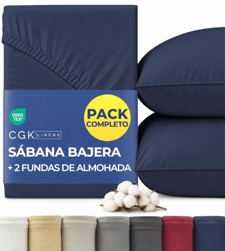 Sábana Bajera Jersey Algodón 160x200cm Azul Marino + 2 Fundas de Almohada 80x80cm - Pack de 3-100% Algodón - Rizo 40cm / 16 - Suave, Antiarrugas e Hipoalergénico - Certificado Oeko-Tex Standard 100