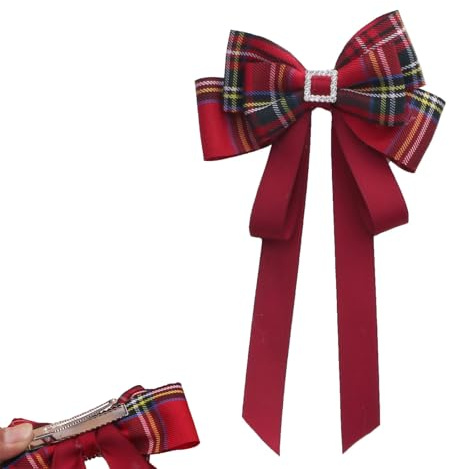 Nœud à cheveux en tartan avec boucle en strass, ruban rouge à carreaux avec longues queues, pince à grip pour femmes, filles, enfants, fête de Noël