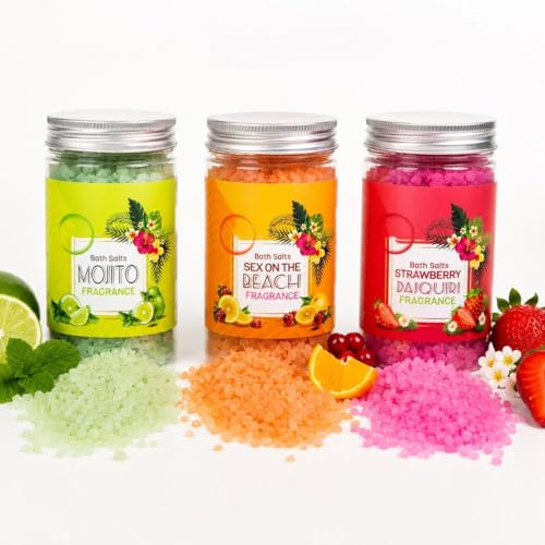 Cocktail Bath Salts Set - Set of 3 Scented Bath Crystals - Fruity Cocktail Inspired Scents - Mojito, Sex On The Beach, Strawberry Daiquiri Fragrance 320g - Home Spa Bath Soak
