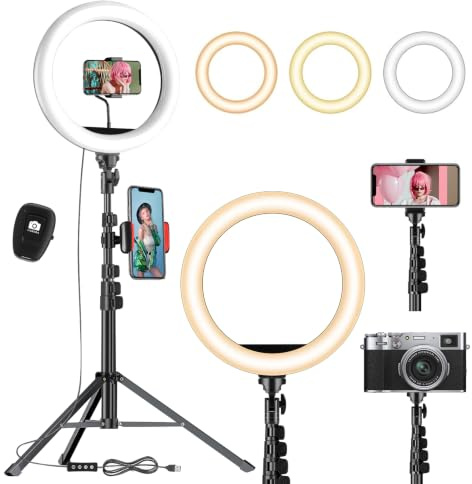 UPhitnis Aro de Luz con Tripode, Ring Light con 3 Modos 10 Brillos Regulables Aro de Luz para Móvil Youtube Maquillaje,Selfie Fotografía,Streaming