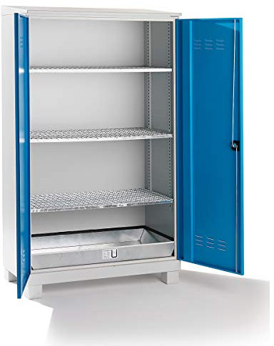 eurokraft | pro | Umweltschrank zur Außenlagerung | mit 3 Gitterrostböden | 1 Bodenauffangwanne | HxBxT 2100 x 1200 x 600 mm