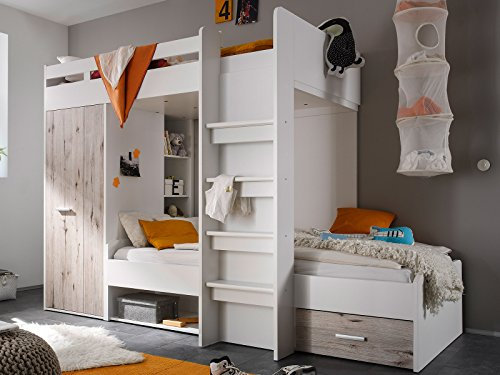 möbelando Etagenbett Kinderbett Hochbett Stockbett Funktionsbett Jugendbett Bett Mimi I Weiß/Sandeiche