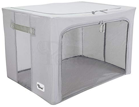 Periea ‘Beau’ Folding Collapsible Stackable Fabric Home Storage Boxes with Steel Frames (Grey, Large)