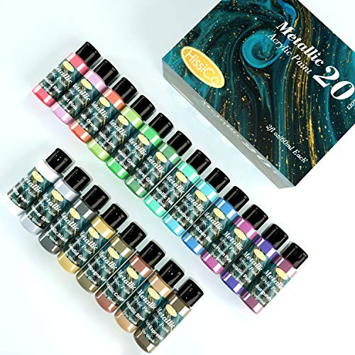 HissiCo Metallic Acrylic Paint Set of Premium 20 Colors, Professional Grade Metallic Paint with 2fl oz（60ml） Bottles, Non-Toxic, Rich Pigments - For Artists, Hobby Painters, Kids