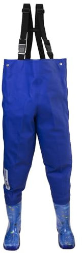 Dönges Kinder-Wathose, wasserdichte Regenhose für Jungs und Mädchen, ungefüttert mit Watstiefeln und Verstellbaren Hosenträgern, Größe 32/33 Blau, Outdoor Buddelhose für Regen, Matschhose