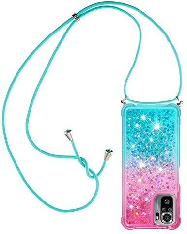 Paekear Halsband för Xiaomi Redmi Note 10 4G/Note 10S silikonskal, flytande glitter flickor kvinnor fodral, axelrem gnista och halsband med justerbar snodd ficka