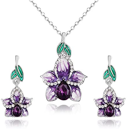 Clearine Damspel och smycken österrikisk kristallorkidé hänge halsband Emaljerad droppe strass diamant örhängen set, Strass